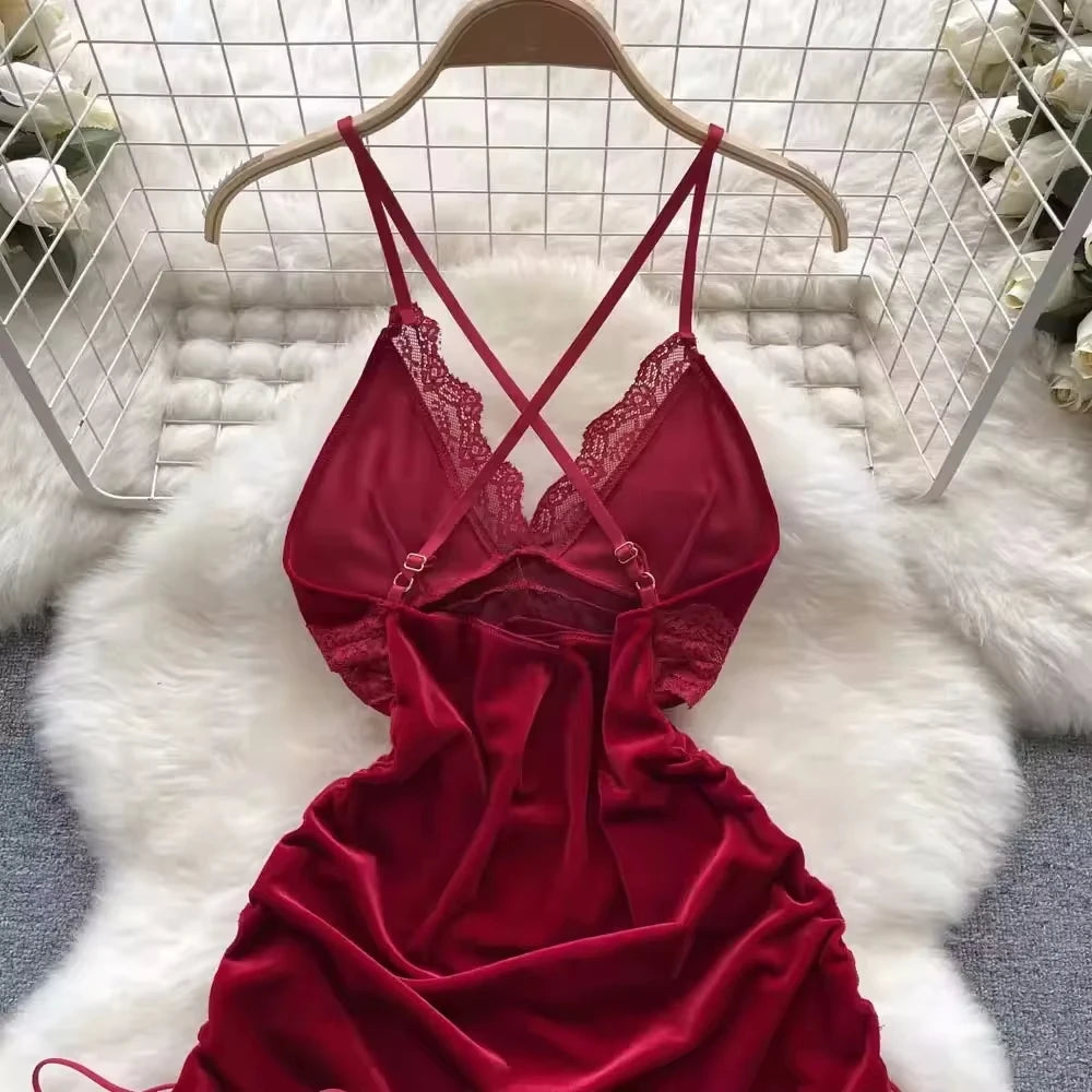 Women Sexy Red Ruched Mini Dress Sleeveless Backless Spaghetti Strap Dress Drawstring Bodycon Party Club Dress with Thong