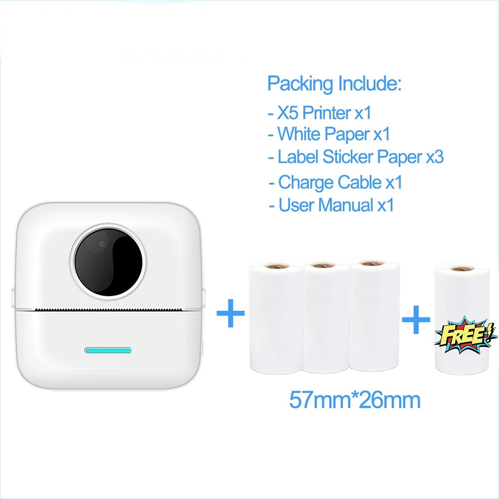 X5 Portable Thermal Printer Mini Wireless Bluetooth Mini Pocket Label Notes Printer 57mm For Home and Office Android IOS